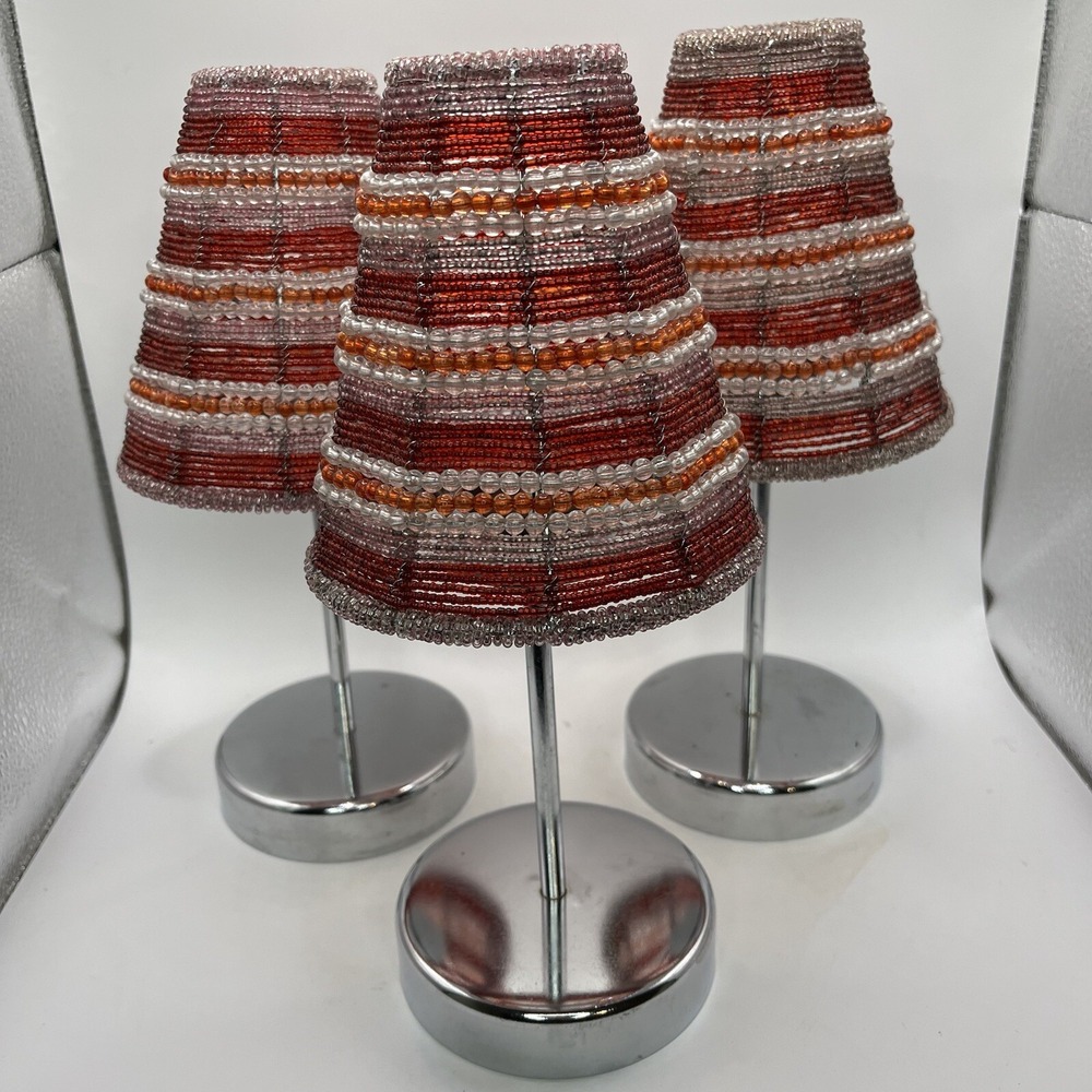 Red Beaded Tealight Holders Set Of 3 Silver Bases 10.5x4"